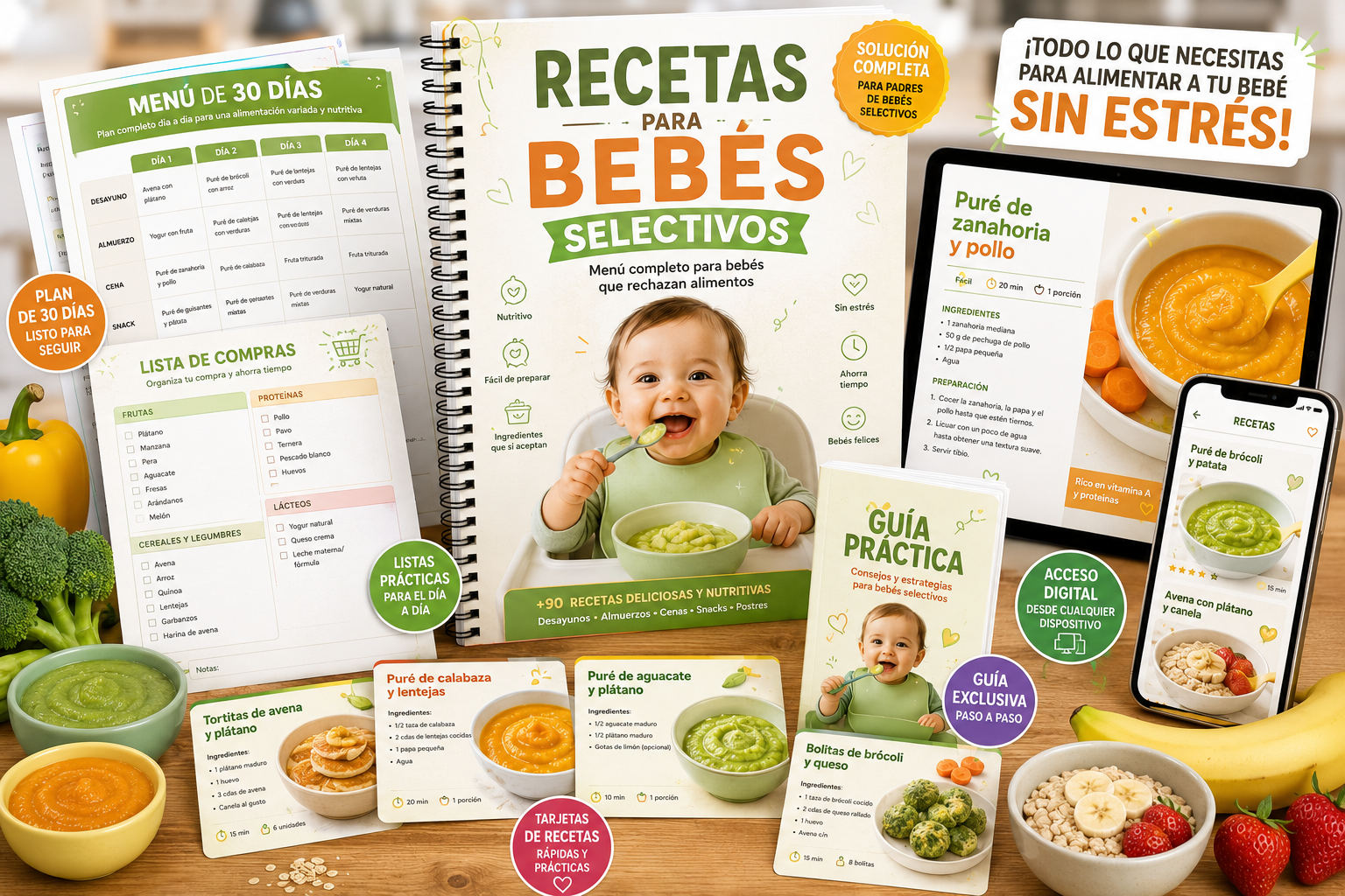 Mockup digital de Recetas para Bebés Selectivos en celular y tablet